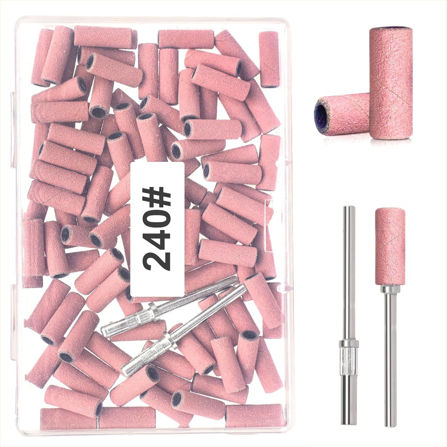 BLESWIN 100 stk. Små slibebånd til neglebor, fin korn 240 med 2 stk 3 mm bor, mini slibebånd til polering af naturlige negle og rengøringsneglebånd til præp, pink