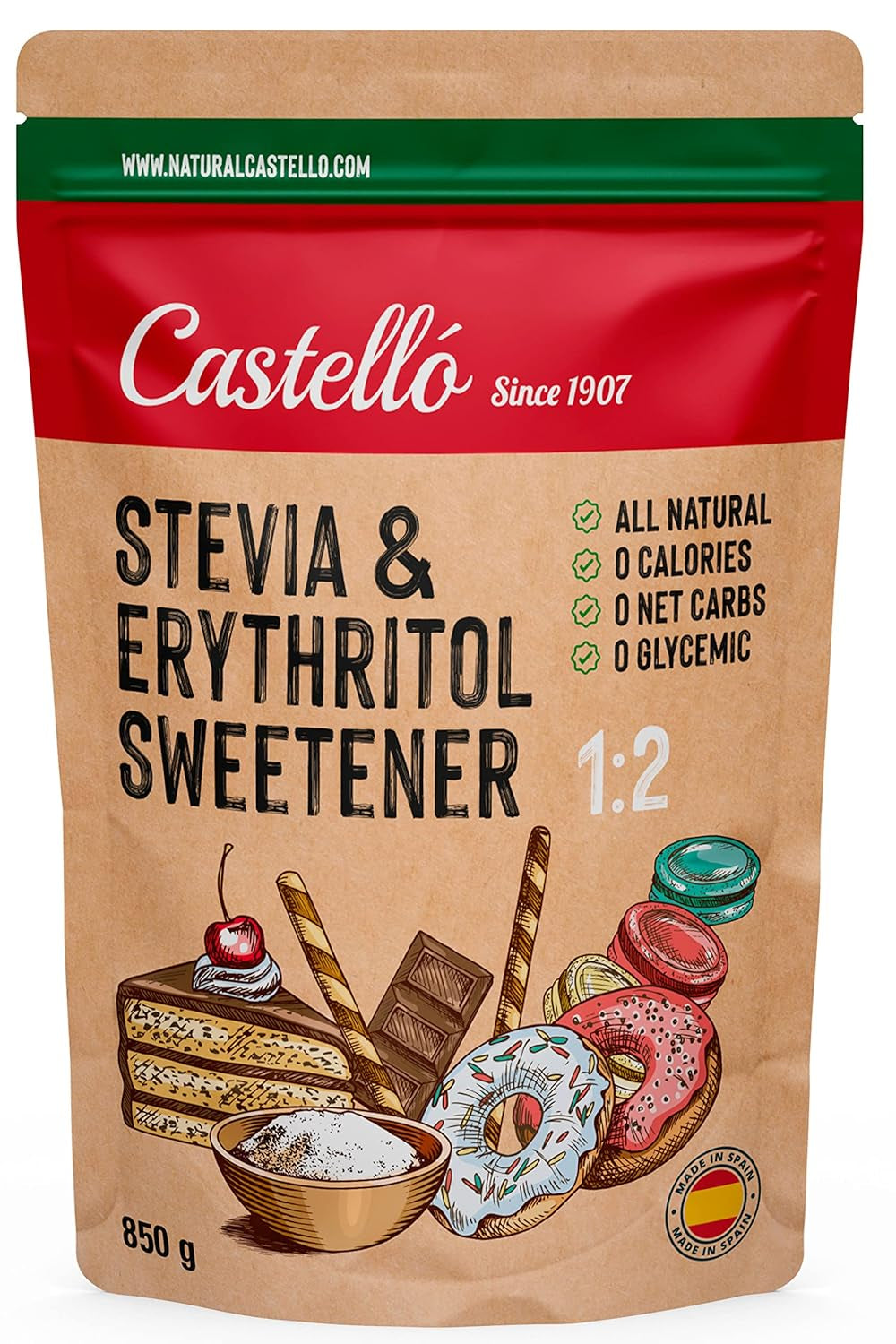 Stevia + Erythritol 1:2 Süßstoff | 1G = 2G Zucker | 100% Natürlicher Zuckerersatz - 0 Kalorien - 0 Glykämischer Index - Keto Und Paleo - 0 Netto-Kohlenhydrat - Kein GVO - Castello siden 1907 - 850 G Sweeteners Naty Shop Standardtitel