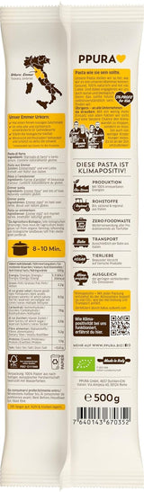 PPURA Økologisk Spaghetti Pasta med Emmer 500g, 100% naturlig emmer spaghetti, lavet i Italien - Italiensk pasta uden tilsætningsstoffer, farvestoffer eller konserveringsmidler