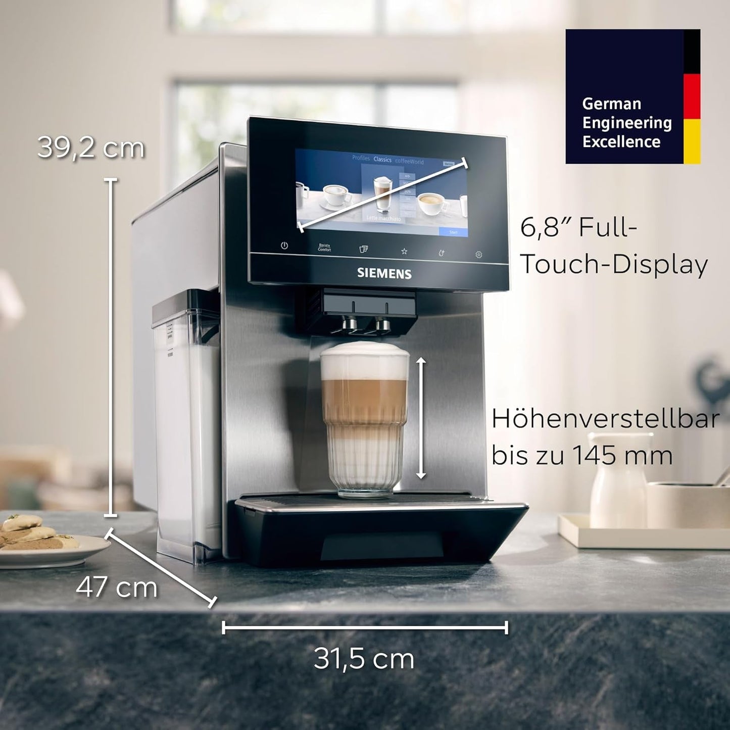 Siemens EQ900 TQ903D03 Automatisk Espressomaskine, App Control, Intuitiv Touch Display, Barista Mode, AromaBoost, Støjreduktion, Premium Kværn, Automatisk Damprensning, 1500 W, Rustfrit stål