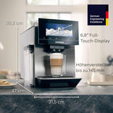 Siemens EQ900 TQ903D03 Automatisk Espressomaskine, App Control, Intuitiv Touch Display, Barista Mode, AromaBoost, Støjreduktion, Premium Kværn, Automatisk Damprensning, 1500 W, Rustfrit stål