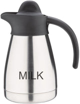 Olympia vakuummælkekrus med skruetop, 500ml/17oz, rustfrit stål med sort låg, mælkeprint på siden, buffetstationer til te og kaffe, CL371