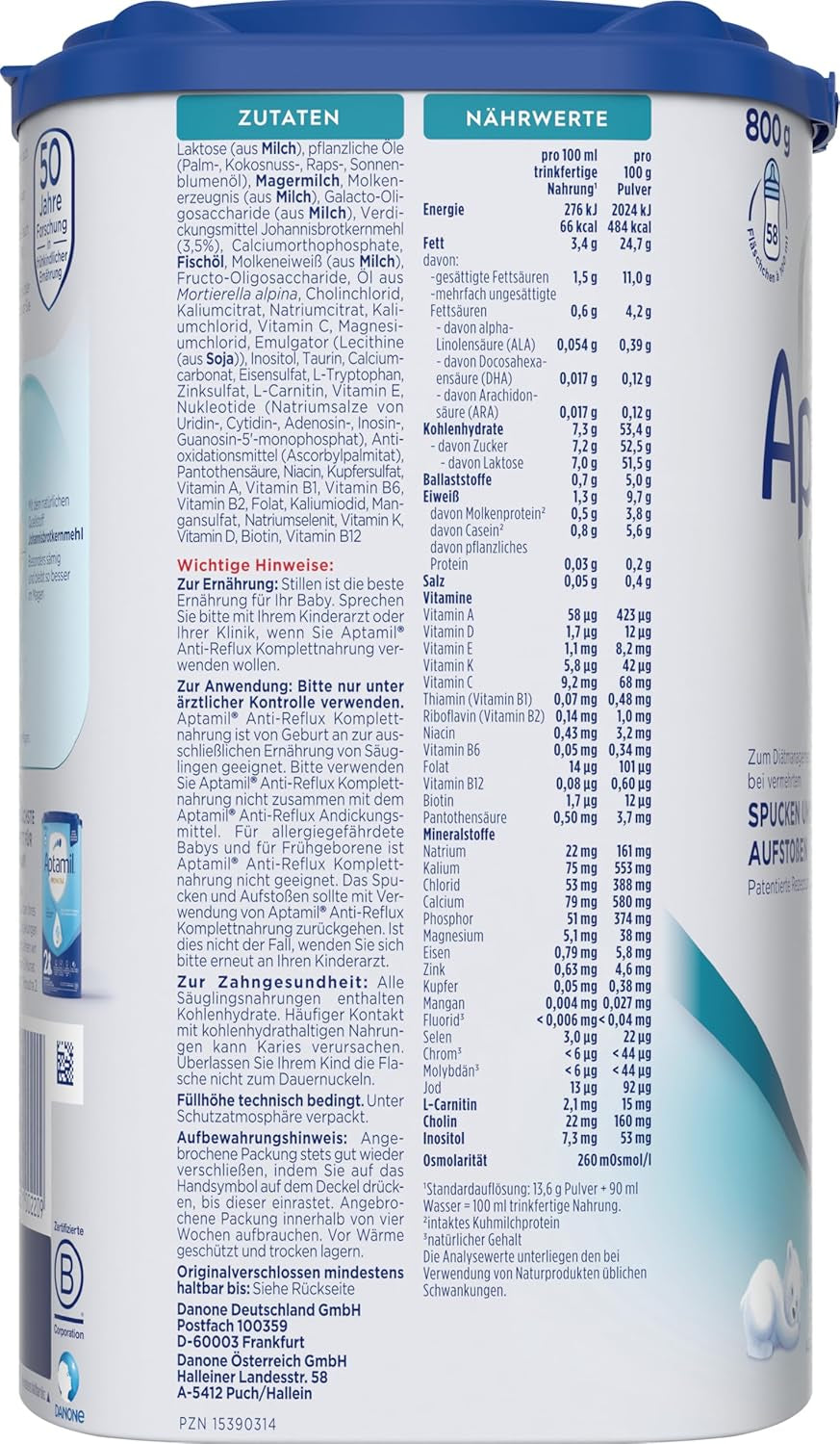 Aptamil Anti-Reflux - Komplet formel fra fødslen Diætstyring Opkastning og opstød Babymad Mælkepulver 1 x 800 g