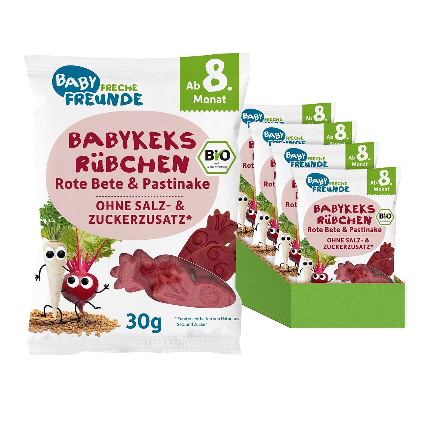 BABY FRECHE FREUNDE Økologiske babykiks med rødbeder og pastinak, snack til babyer fra 8 måneder, uden tilsat sukker, vegansk, pakke med 8 (8 x 30 g)