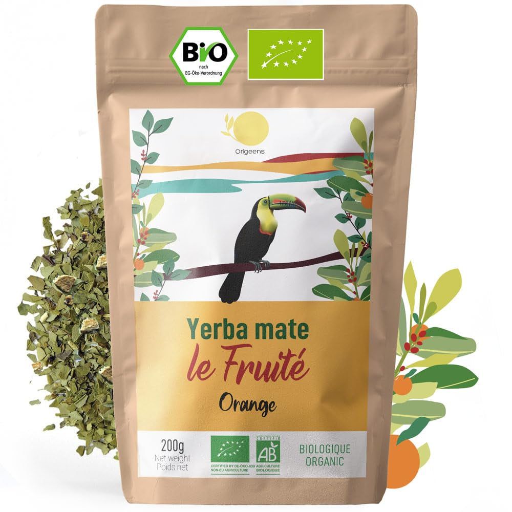 ORIGEENS BIO YERBA MATE med appelsiner 200 G - Frugtagtig te I Økologisk uristet Yerba Mate te, uden stilke og støv I Energigivende og afgiftende drik