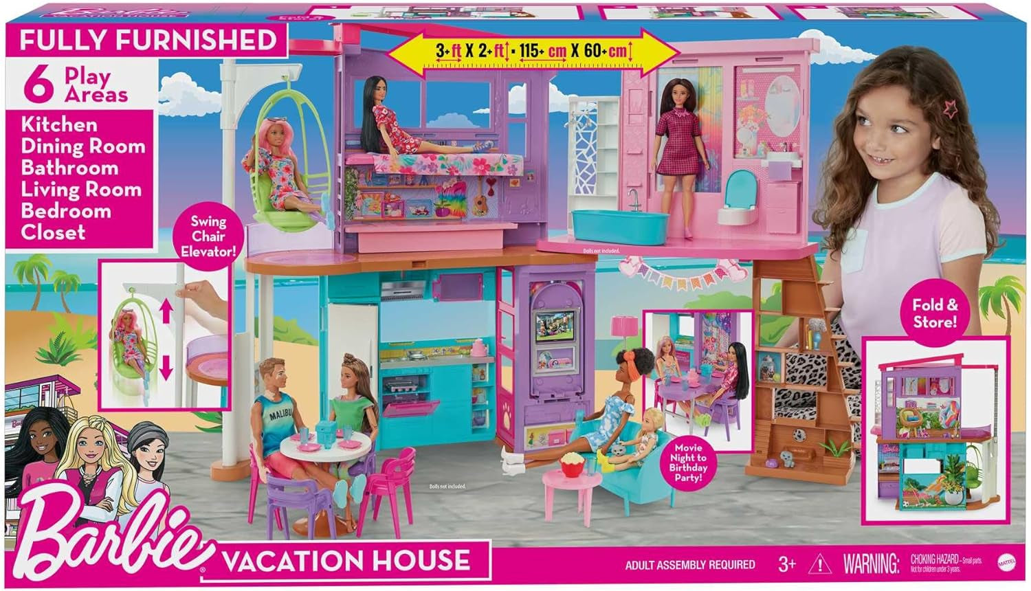 Barbie-feriehus (116 x 77,9 cm), 6-personers legehus, fuldt møbleret med tilbehør, møbler og elevator, foldbar og opbevaring, dukke, gave til børn fra 3 år og opefter, HCD50