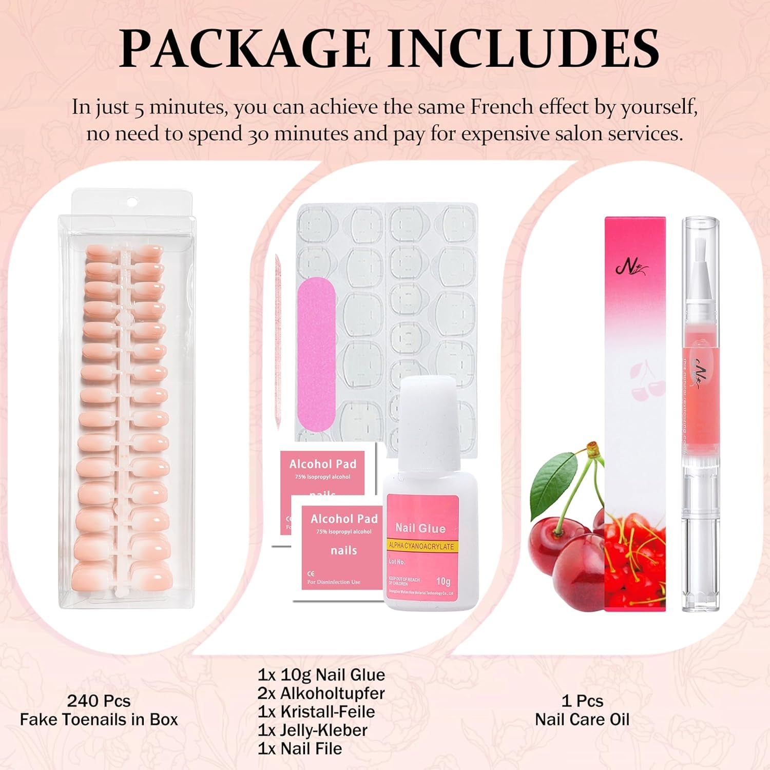 240 stk. Gradient Square Nails Set, Nude White Gradient Kunstige negle til Oil Pen Lim, Medium Ombre naturlige falske negle til kvinder DIY (Nude Square)
