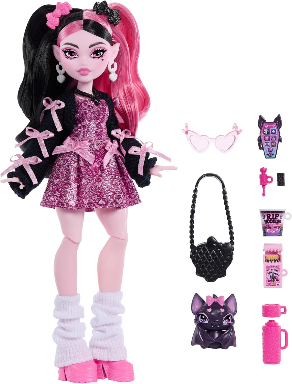 Monster High Doll Draculaura i lyserød kjole med sløjfer og sort cardigan med Count Fabulous Bat og 7 tilbehør inklusive Ramen, læbestift og taske, JHK29