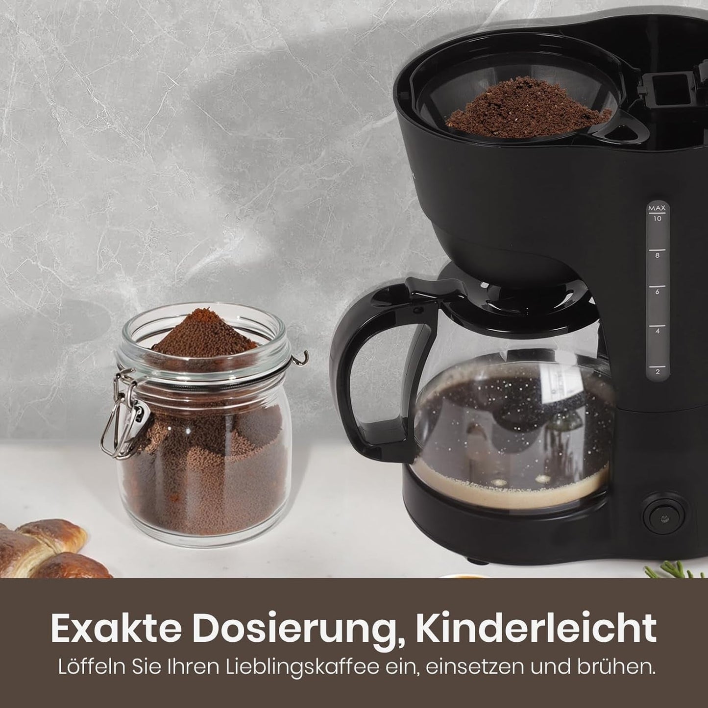 1,25L filterkaffemaskine til 10 kopper filterkaffe, glaskaraffel, der tåler opvaskemaskine, termokande, anti-drypsystem, automatisk sluk, 600W, vandfri kogebeskyttelse til hjemmet og kontoret