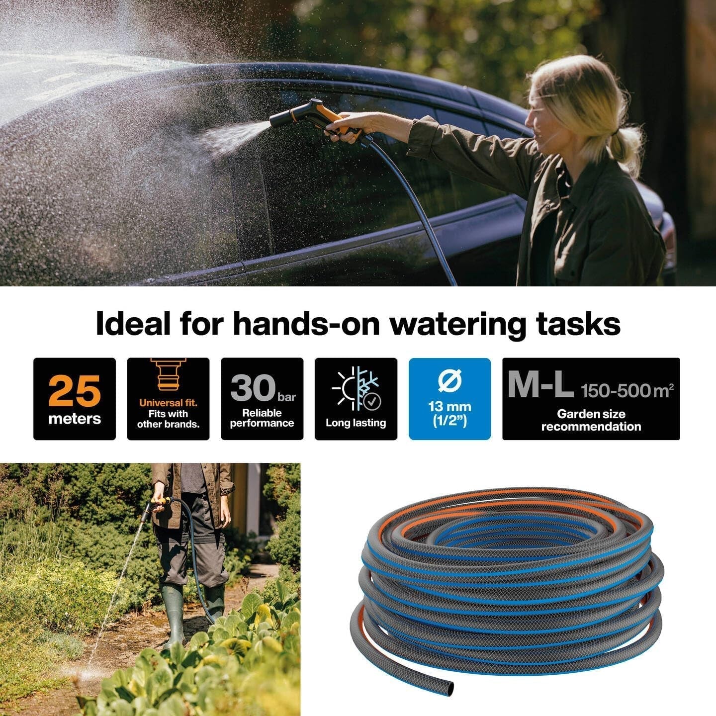 Fiskars ML Haveslange X Series Håndvandingsvandslange 13 mm (1/2"), Længde: 25m, Universalforbindelse, UV-beskyttelse, Frostbeskyttelse, Vridsikker, Blå, 1076045