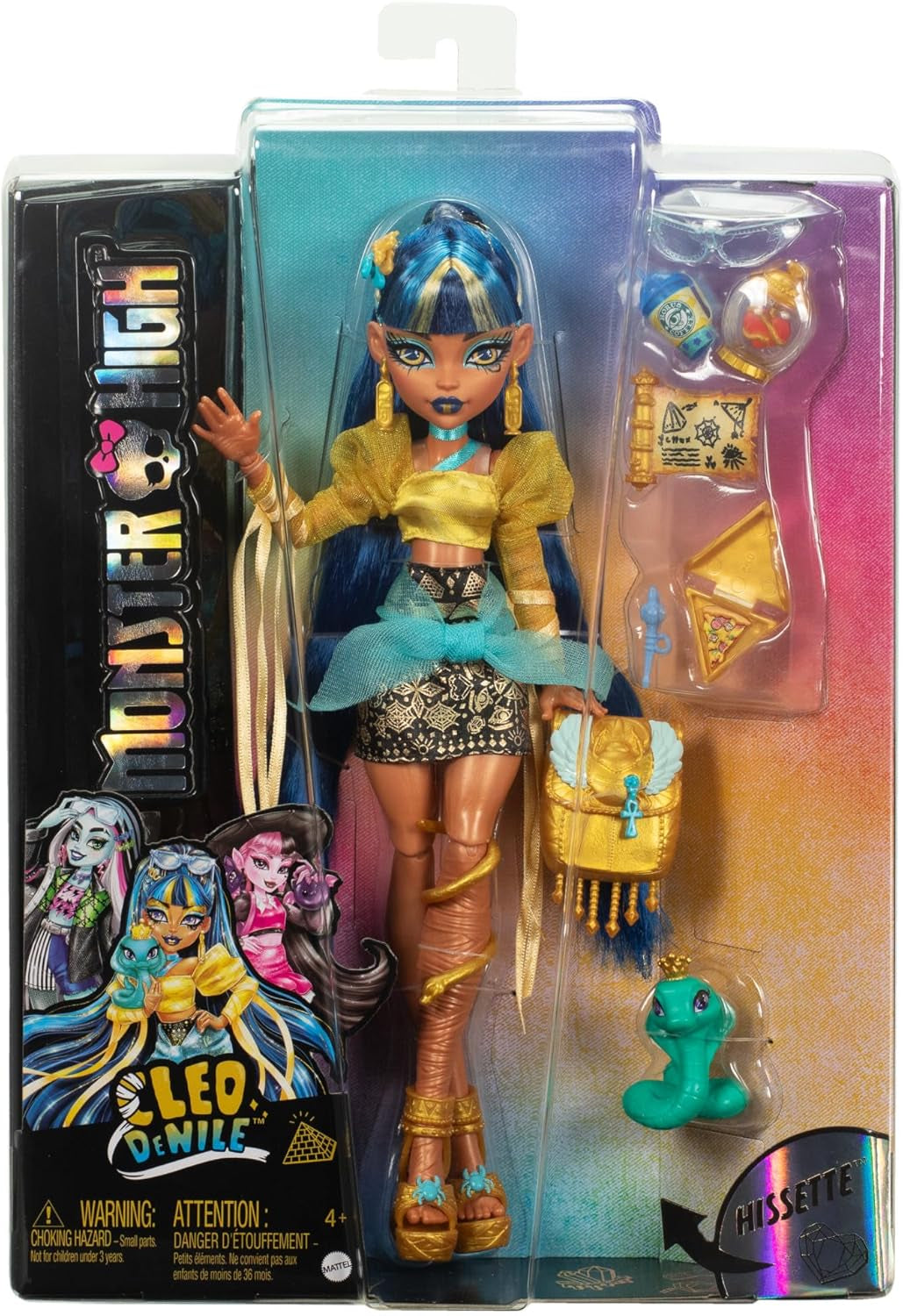 Monster High Cleo De Nile dukke i guldbluse og lagdelt nederdel, inkluderer Hissette cobra og tilbehør såsom en skoletaske, en snack og en rulle toiletpapir, HXH74
