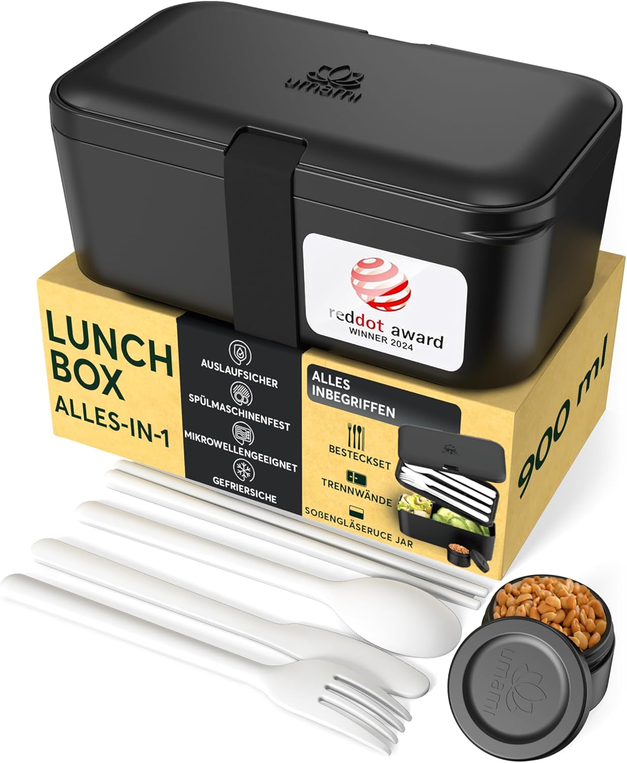 Umami madkasse til voksne, stabelbar Bento-kasse med 4 bestik og rum, madpakke til voksne, to-go-salatbeholder, Picnic-/kontormadkasse, koksgrå, 1500 ml Naty Shop Onyx Black Food Opbevaringsbokse - 900 ml M - 900/1000 ml