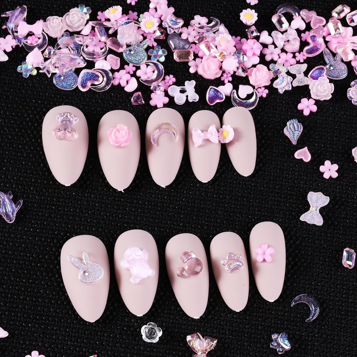 100 stk Sløjfe-nail Charms Y2K 3D-harpiks Camellia Flower Nail Charms Kawaii Rhinestones Negle Art-dekorationer, mønstre, gør-det-selv-håndværkstilbehør (Pink)