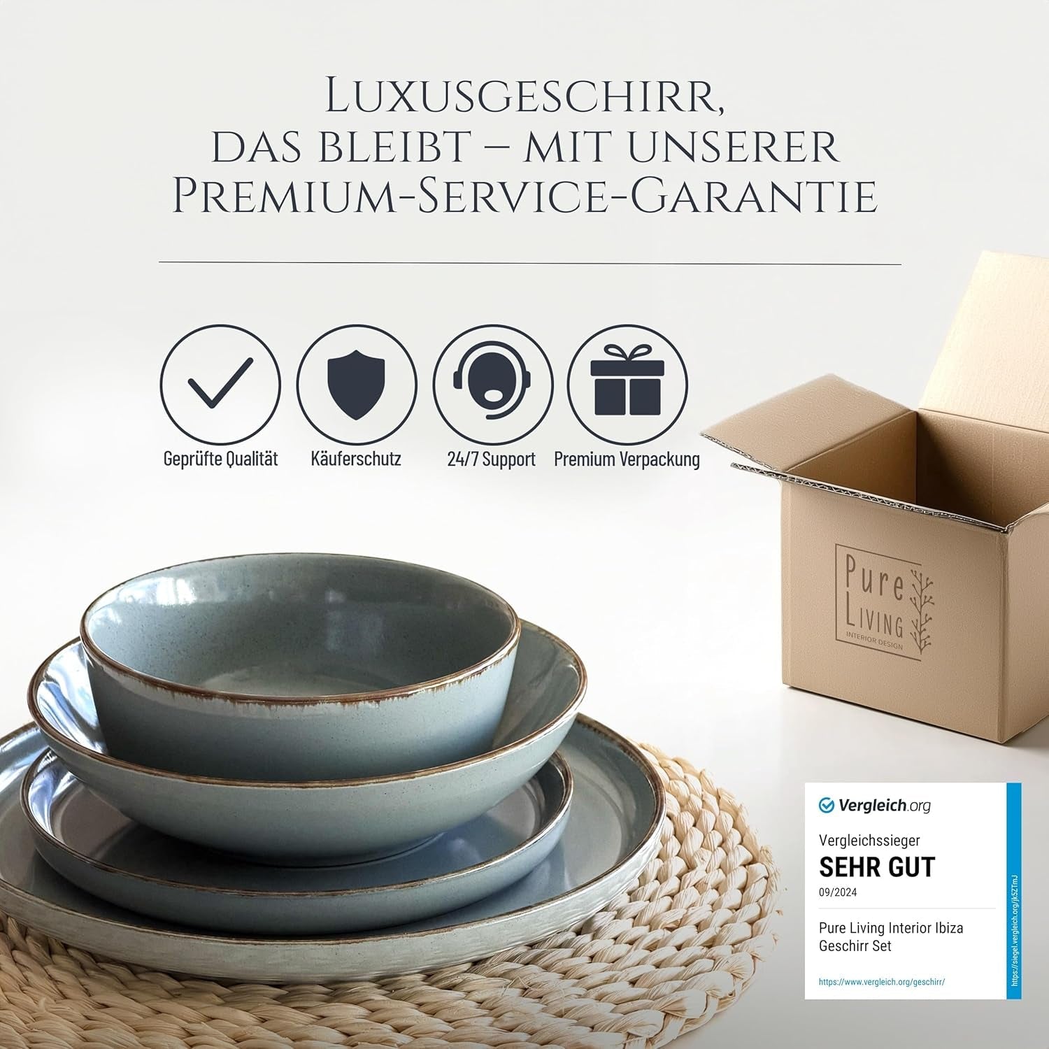 Steingut Geschirrset 6 Personen Rustik 24 tlg. TESTSIEGER, Hochwertiges Landhaussttil Steingut Geschirr Set, Schüssel- und Teller Set, Tafelservice 6 Personen, Geschirrsets Pure Living in Rauchblau
