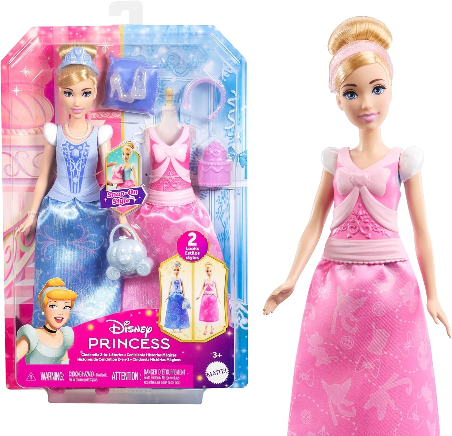 Mattel Disney Princess Toys Askepot modedukke med 2 outfits, 9 tilbehør, 2 toppe med clips og 2 nederdele. 2 i 1 historier inspireret af Disney-filmen, JCR95