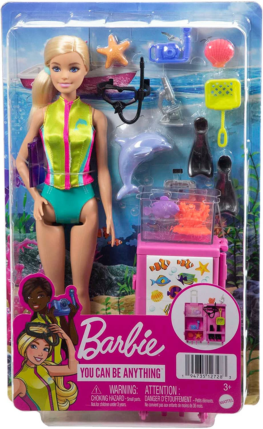 Barbie You Can Be Anything Series, Marine Biolog, 1x Dukke med Blondt Hår, Badedragt, Delfin, Tilbehør, Børnegave, Alder 3+ Legetøj, HMH26