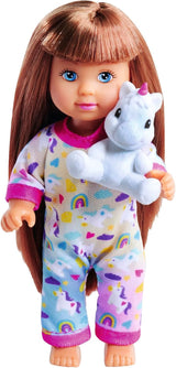 Simba Evi Love Pyjamas, 3 assorterede farver, kun én vare sendt, dukke i sød pyjamas med enhjørning plyslegetøj, legedukke 12 cm, alder 3+