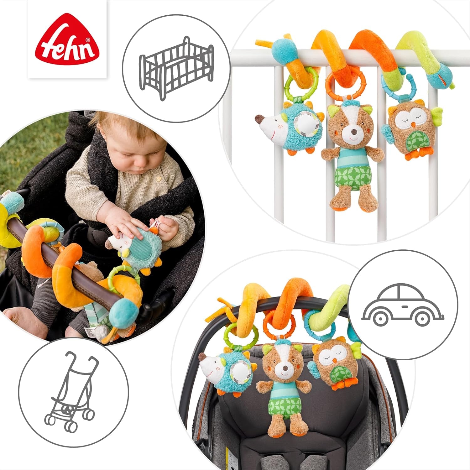 Fehn Activity Spiral Sleeping Forest - rør og hold klapvognslegetøj - babylegetøj til seng, kravlegård, barnevogn og autostol - motorisk aktivitetslegetøj til babyer og småbørn fra 0+ måneder Babylegetøj Naty Shop
