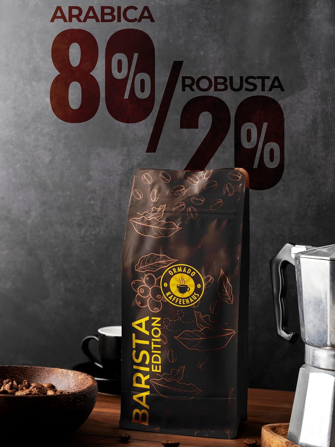 Ormado kaffehus, kaffekapsler, patenterede Kenya-kaffebønner - Arabica og Robusta-blanding, hele kaffebønner til fuldautomatiske kaffemaskiner, ristede bønner, helkaffe 1 kg, fuldautomatisk