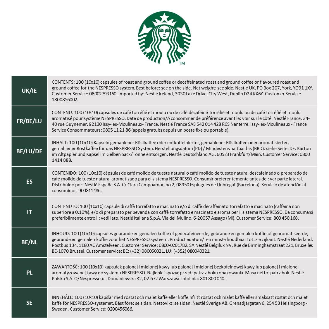 STARBUCKS Espresso Roast Entkoffeiniert af Nespresso, Dunkle Röstung, Kaffeekapseln 10 x 10 (100 Kapseln)