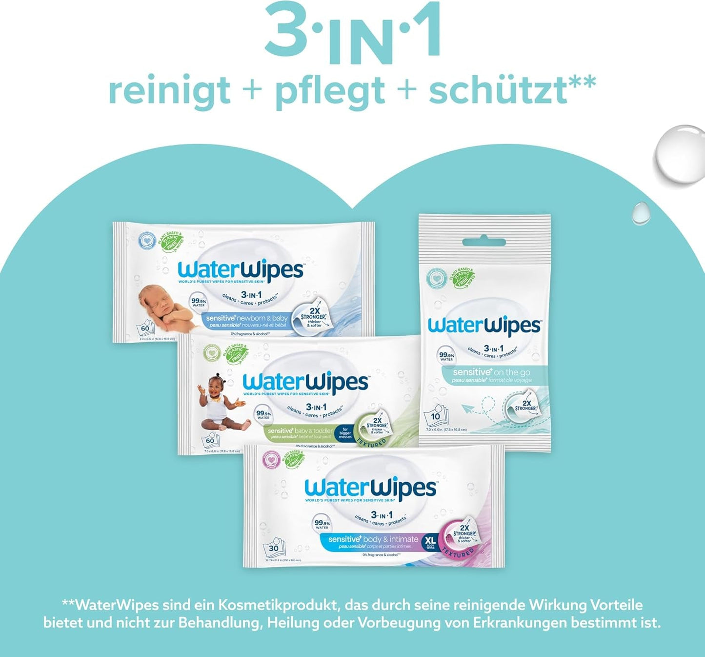 WaterWipes Sensitive+ On The Go Wet Wipes, 100 Wipes (10 Pack), 3 i 1 Renser, Plejer, Beskytter, 99,9% Vand, Duftfri Wipes