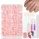 360 stk Gradient Ballerina Falske Negle Sæt, Pink White Gradient Lime-on kunstige negle med 2 stk Nail Oil Penne, Ombre Medium Fake Neils for Women DIY