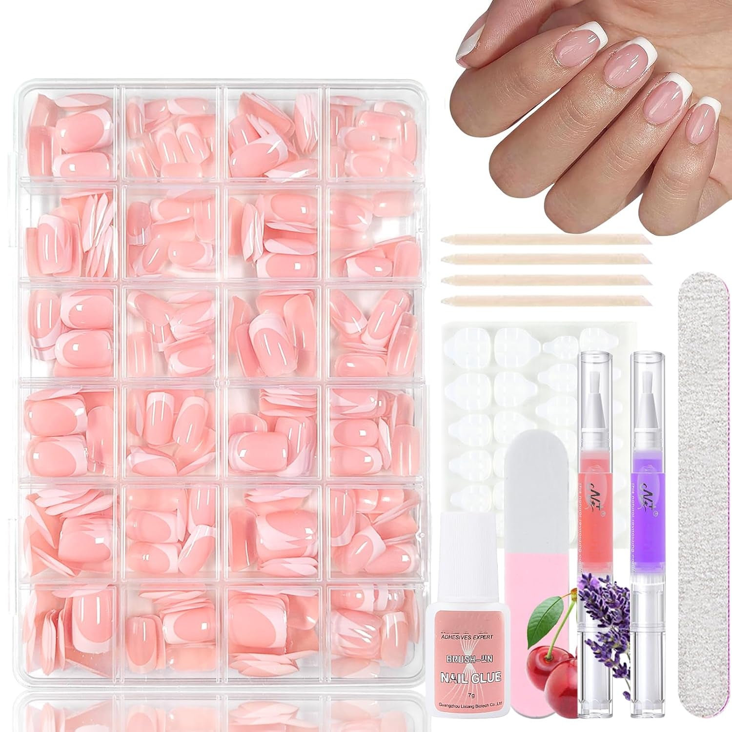 360 stk Gradient Ballerina Falske Negle Sæt, Pink White Gradient Lime-on kunstige negle med 2 stk Nail Oil Penne, Ombre Medium Fake Neils for Women DIY