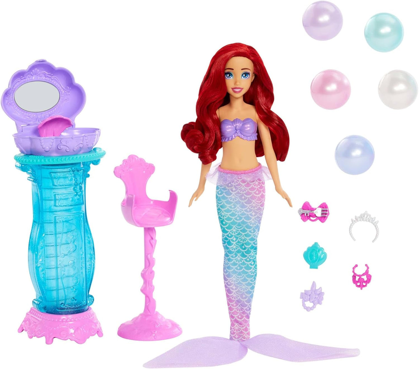 Mattel Disney Princess Legetøj, Make-up Shell Havfrue Arielle modedukke med aftagelig hale, Makeup bord med 5 gentagelige pop-up overraskelser og 5 tilbehør, JBF86 Naty Shop Dolls