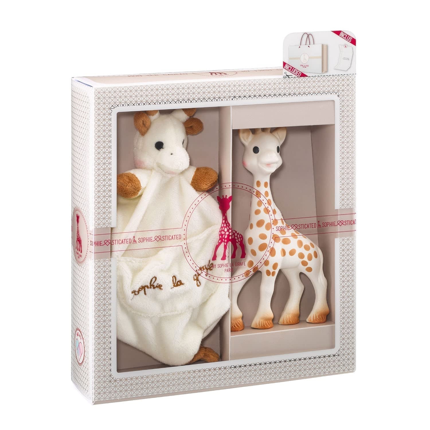 Sophie the Giraffe Fødselsdagsgavesæt Sophiesticated Rattle Pouet 00012 Jucarii Bebe Naty Shop Ensfarvet Sophie La Girafe Babybiter legetøj og plys gavesæt