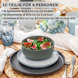 SÄNGER Leeds | 12-dele stentøjsstel 4-personers middagstallerkensæt (4 middagstallerkener, 4 desserttallerkener, 4 skåle), farverigt ridsefast service | VÆRDIINDSAMLING