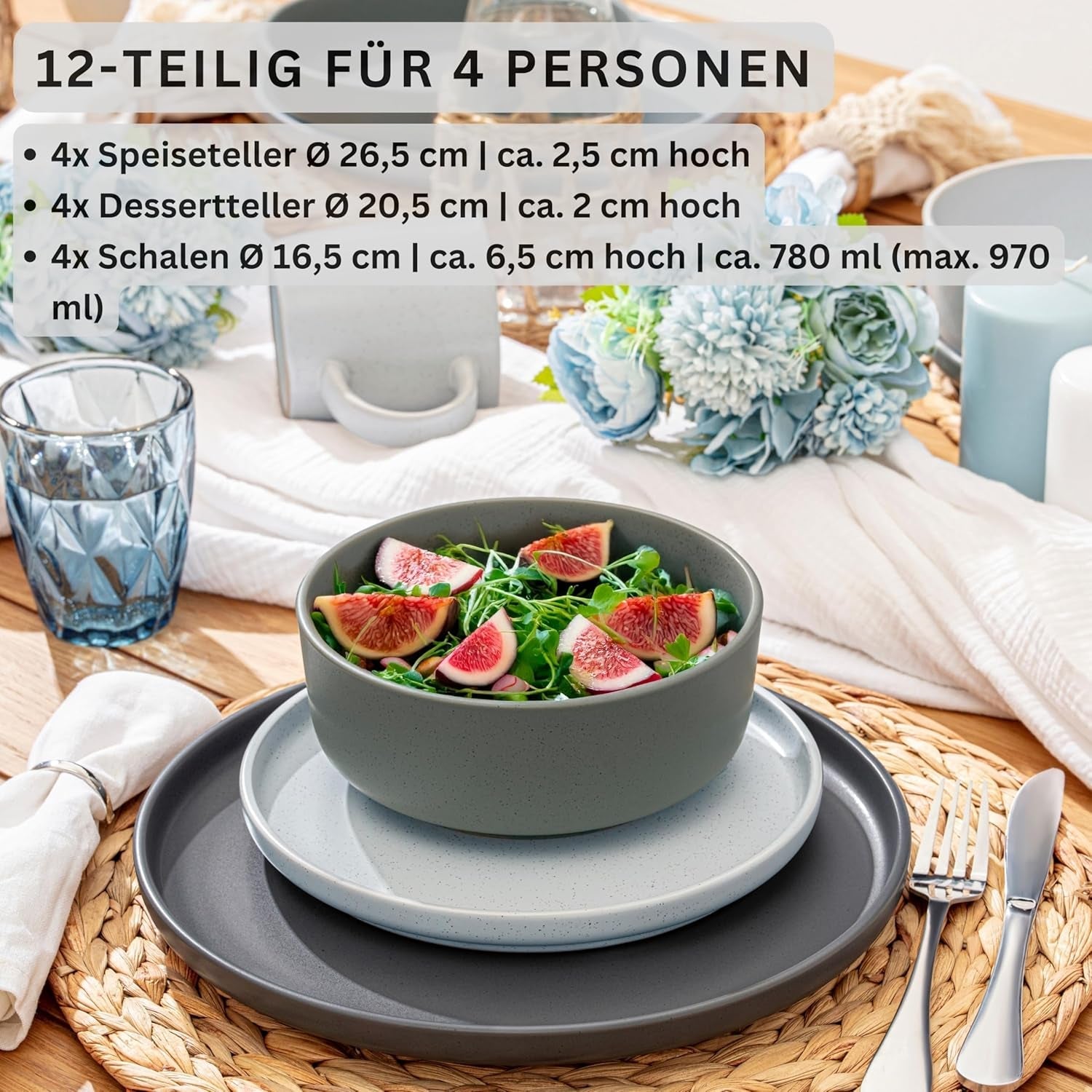 SÄNGER Leeds | 12-dele stentøjsstel 4-personers middagstallerkensæt (4 middagstallerkener, 4 desserttallerkener, 4 skåle), farverigt ridsefast service | VÆRDIINDSAMLING