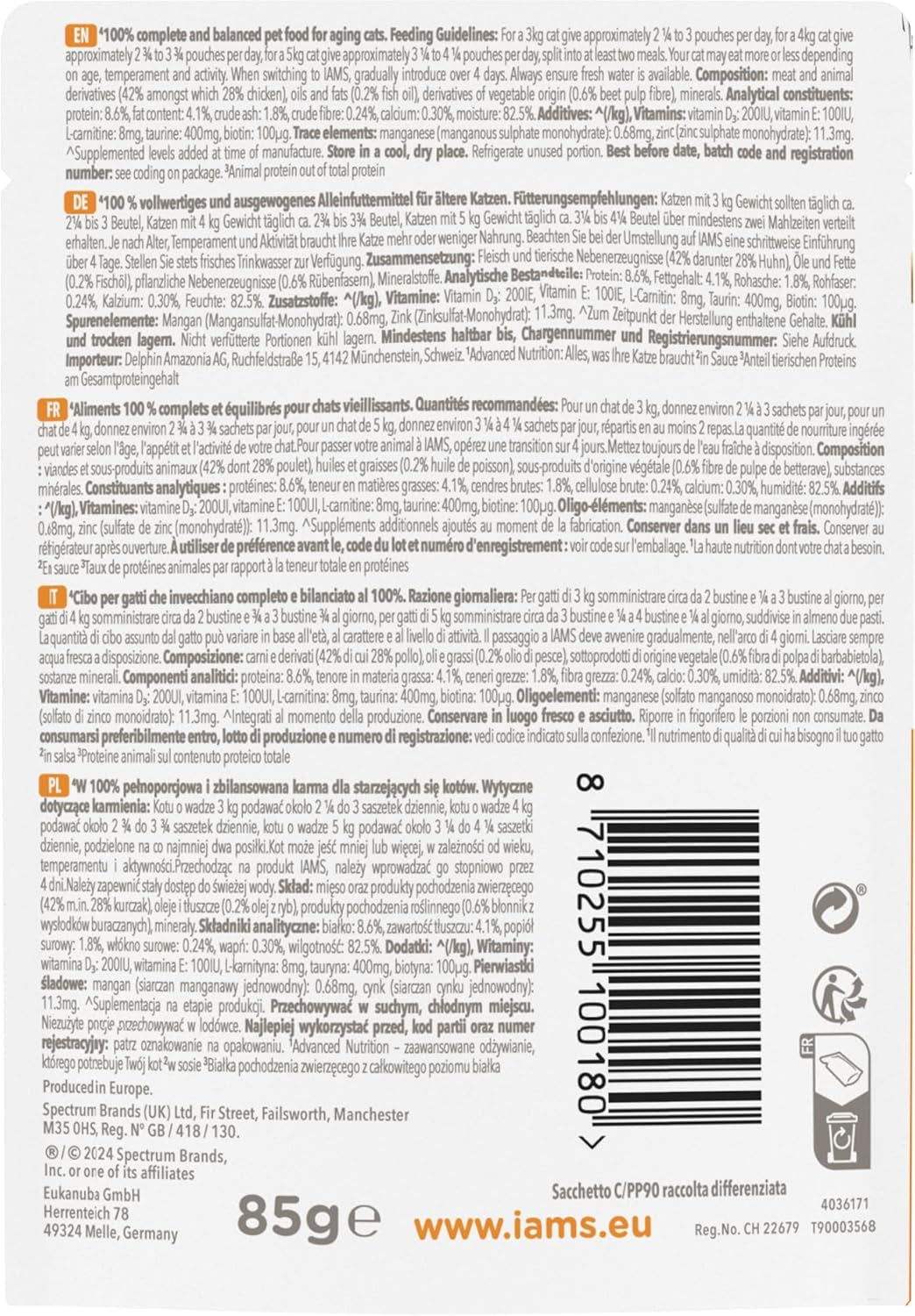 IAMS Delights våd kattefoder med kylling i sauce til seniorkatte på 7 år og derover - Prøvestørrelse, individuel pose, 1 x 85 g