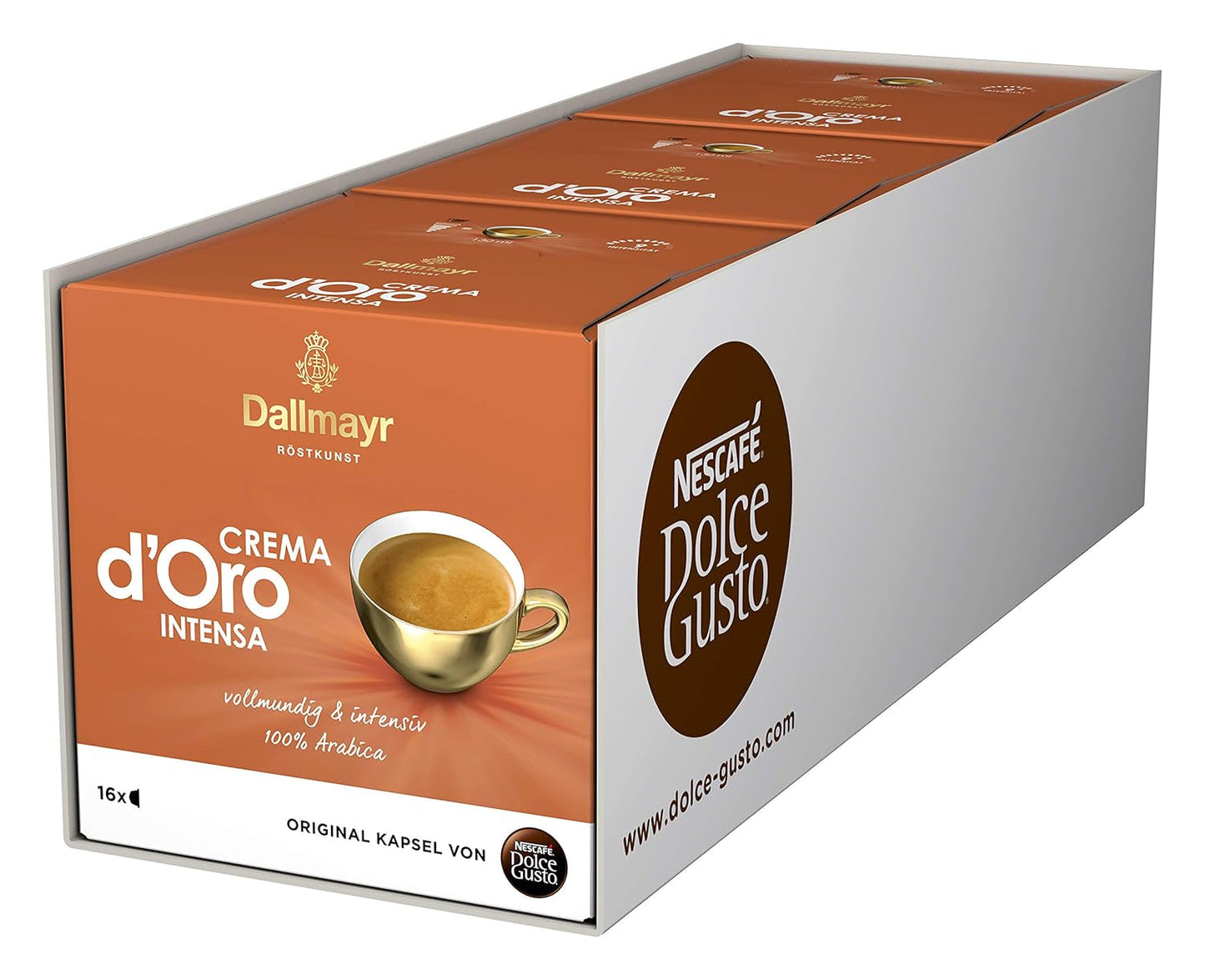 Dallmayr Crema d´Oro, XXL-Vorratsbox & Dallmayr Crema d´Oro intensa (48 Kaffeekapseln, Intensität 9 af 12, 100% Arabica-Bohnen), 3er Pack (3x16 Kapseln)