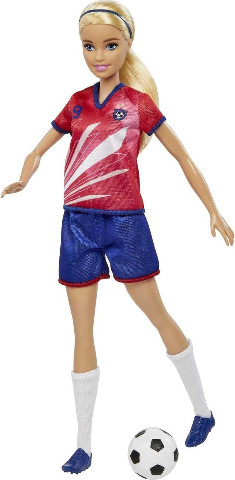 Barbie You Can Be Anything-serien, fodboldspiller, fodboldspiller med blond hår, rød og blå trøje, bold, tilbehør, dukke inkluderet, gave til 3 år og opefter, HCN17