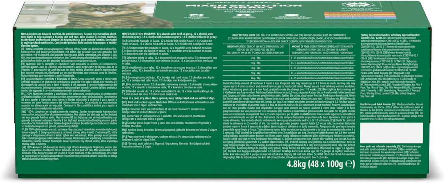 Amazons våde voksne kattefoder blandet udvalg i sauce 4,8 kg (48 pakker x 100 g)