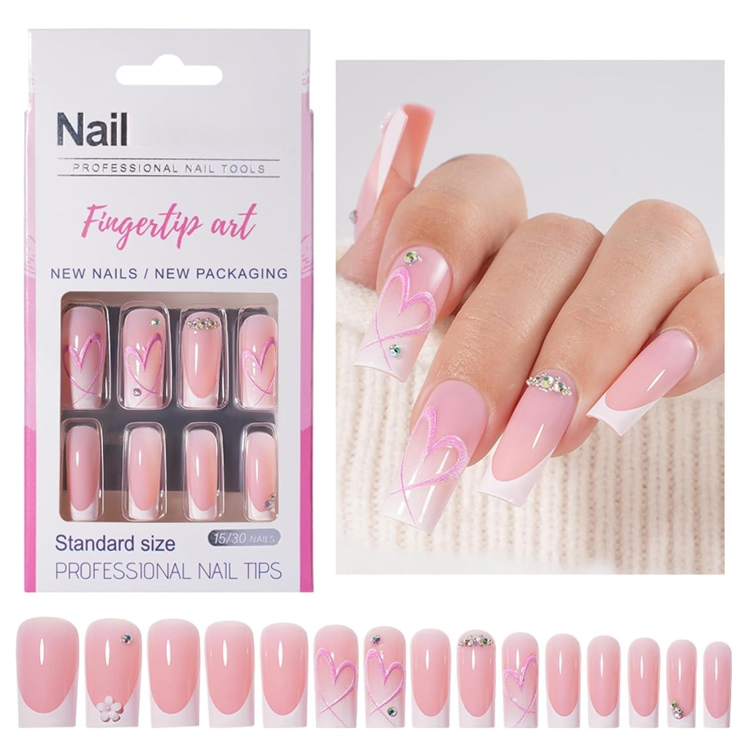 30 stk franske falske negle - lim på kunstige negle - bløde gelnegle til kvinder - Akrylklæbende negle Firkantet manicure (fransk pink)