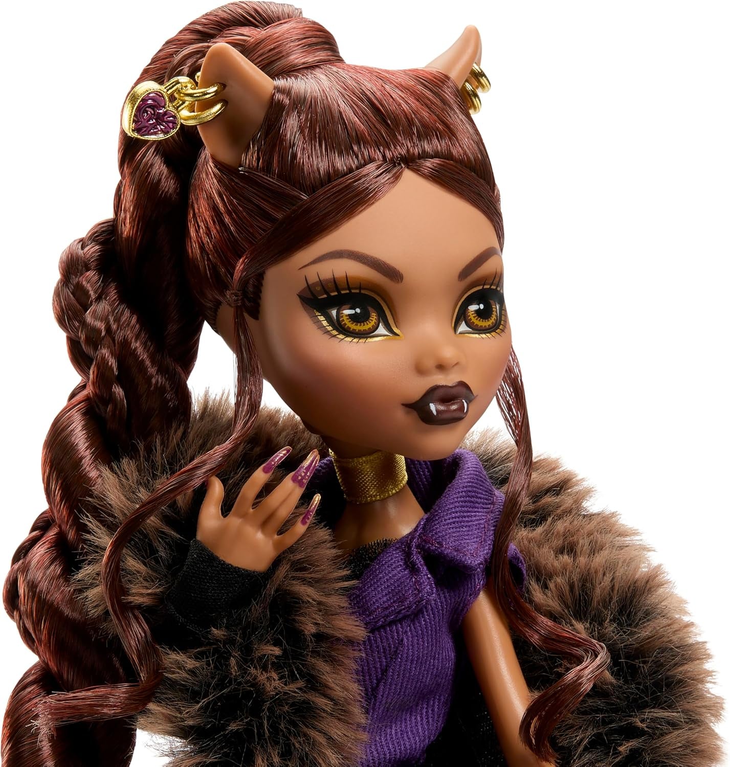 Monster High Doll House of Wolves Clawdeen Wolf samlerfigur med imiteret pels jacquardfrakke Lilla jakkekjole Guldbukser og tilbehør JDR66