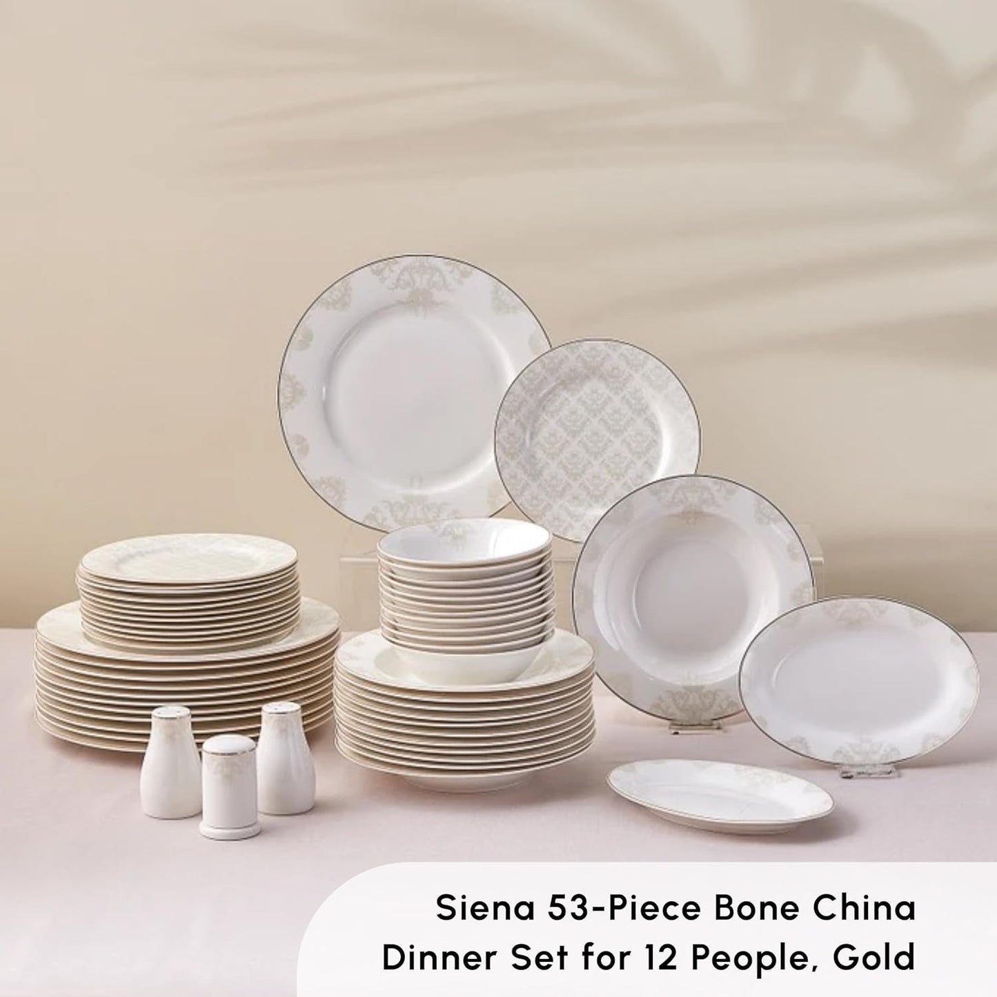 Karaca Elegance Bone Siena Spisesæt til 12, Moderne Porcelænsstel, Spisesæt med Suppeskåle, Serveringsfad, Dybe tallerkener, Desserttallerkener - hvid og guld