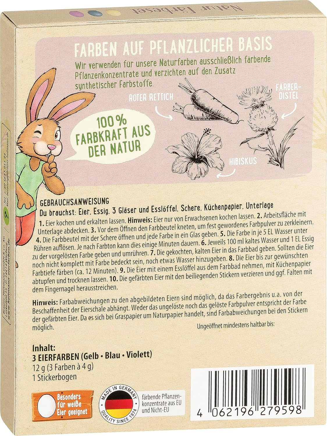 Heitmann Egg Dye Natural Dye Sæt, 3 Egg Dye Pulvere (gul, lilla, grå-blå), græspapir klistermærkeark