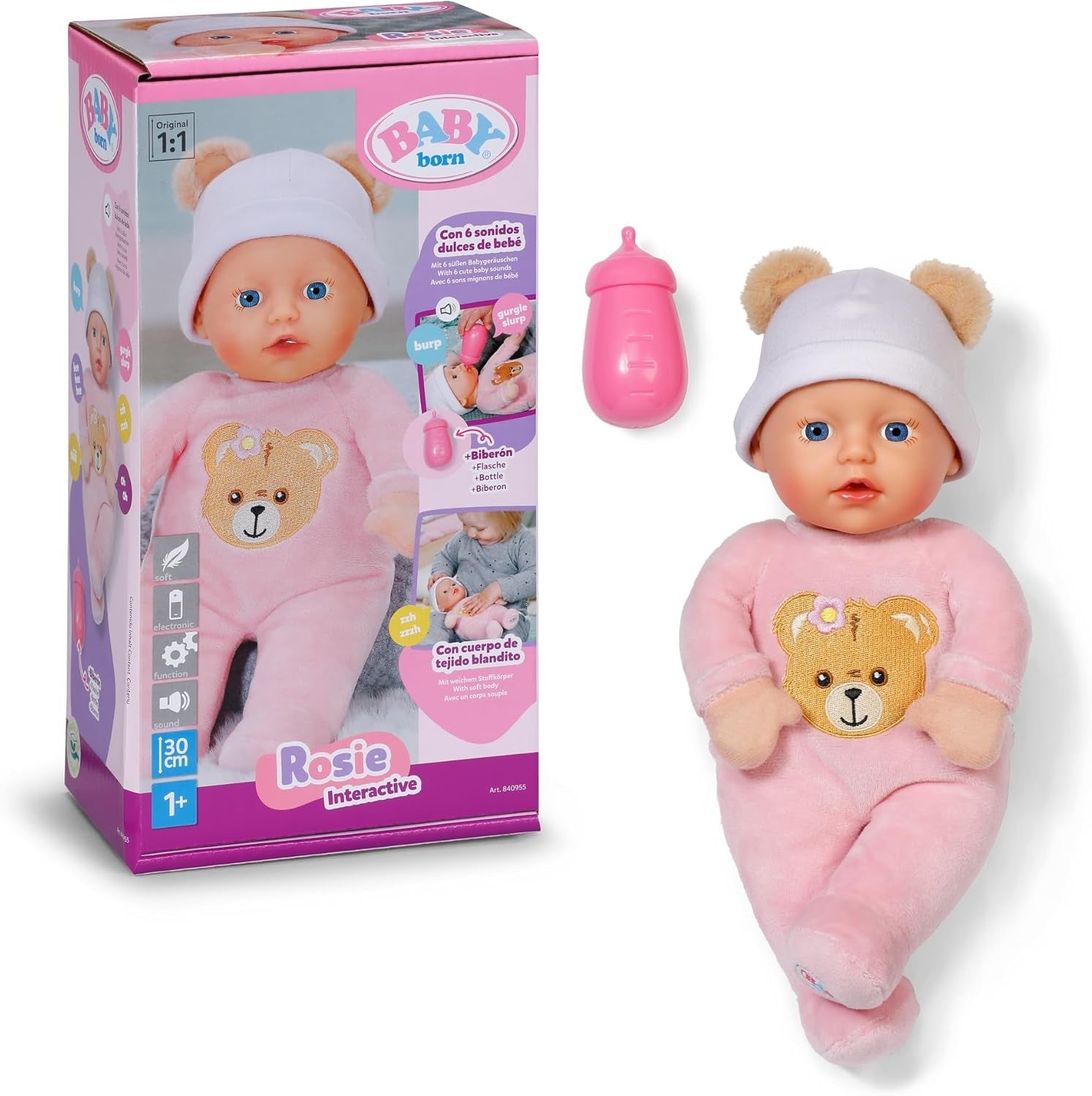 Baby Born Rosie blød dukke 30 cm med 6 lyde og flaske, pink