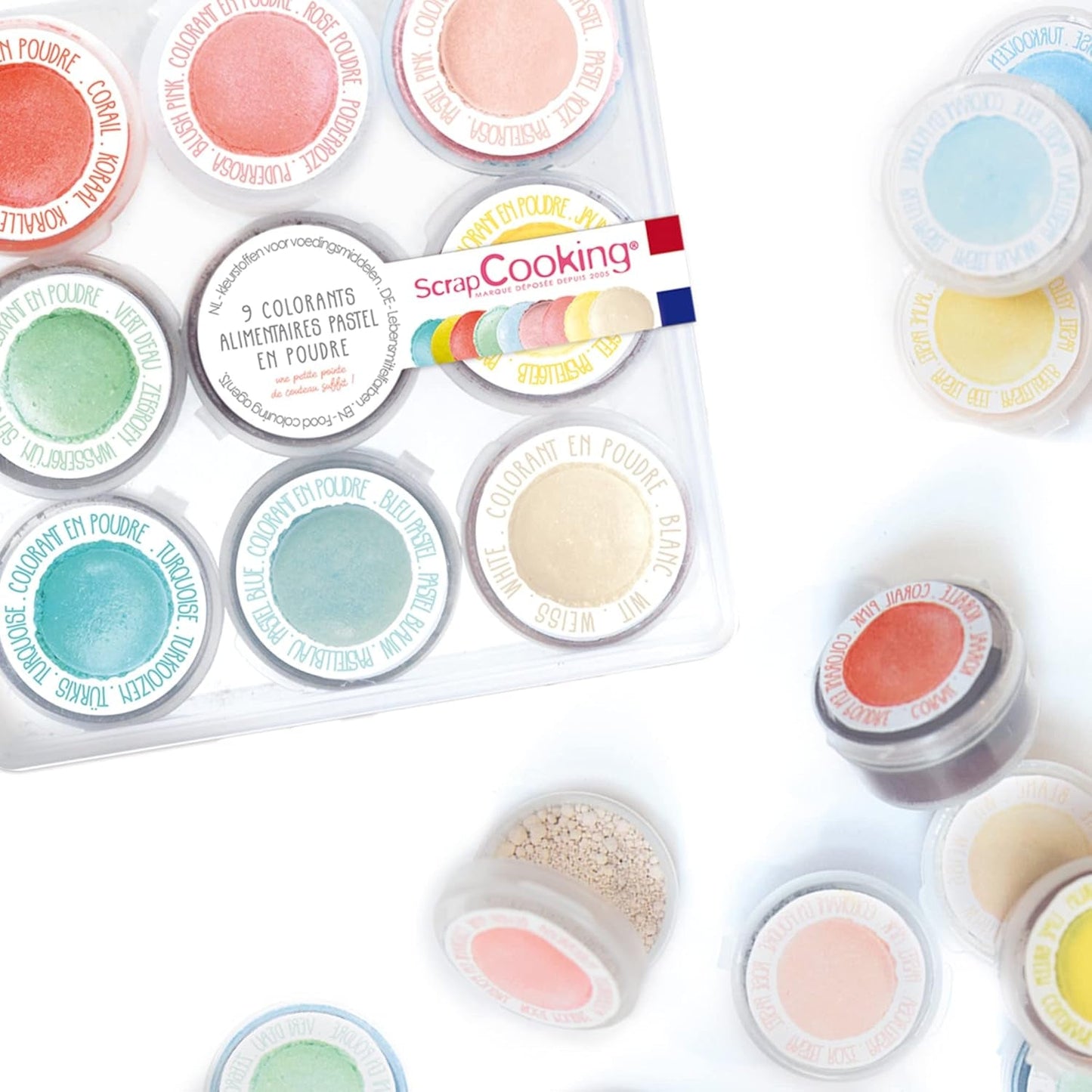 Scrapcooking - Sæt med 9 pastelfarver - blå, gul, koral, pink, turkis, limegrøn, hvid, aquagrøn, pulverrosa - spiseligt farvepulver til kager, muffins, macarons - 4272