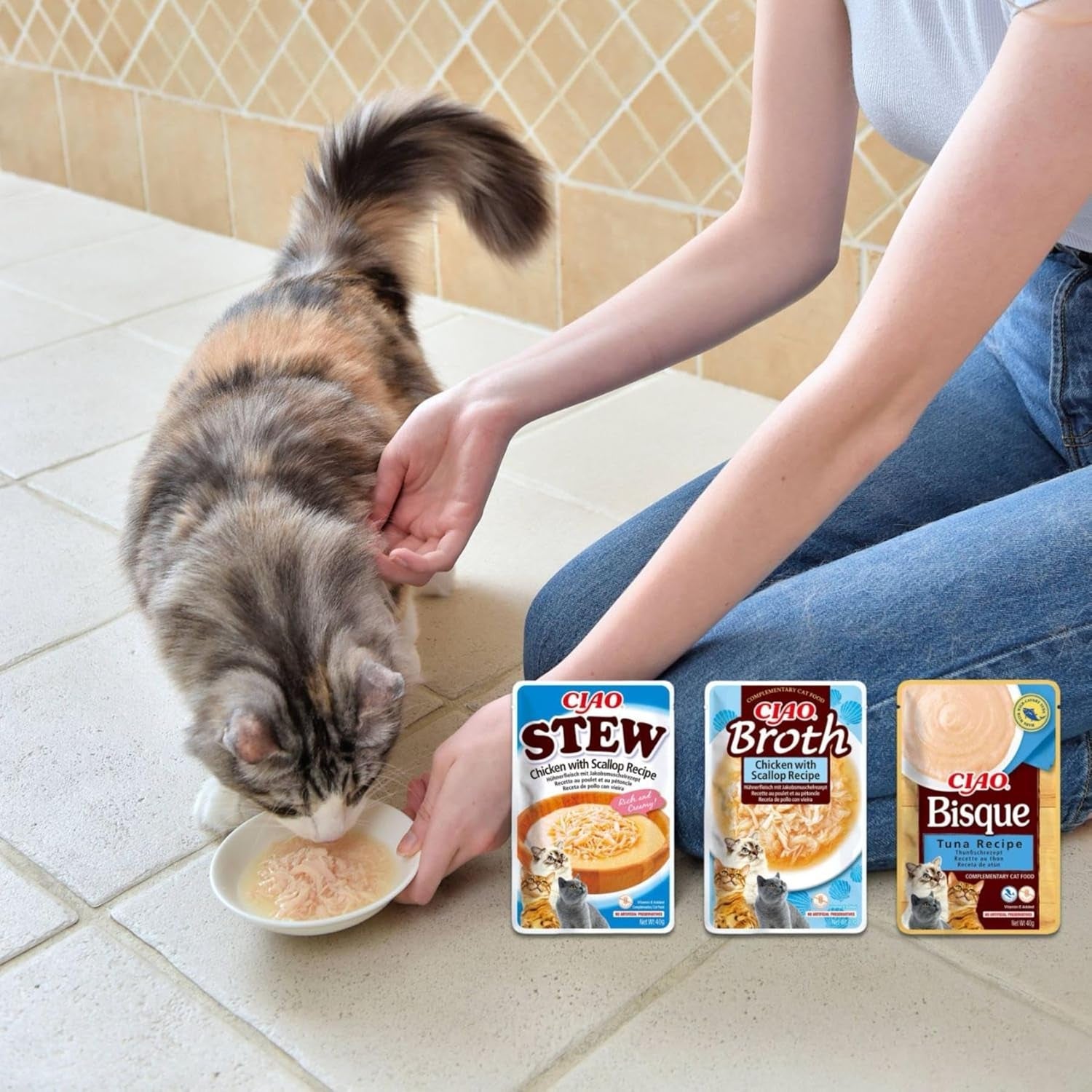 INABA Ciao Bouillon Vådfoder til katte 88% fugt og E-vitamin, premium suppe til katte med kylling 40g (pakke med 12), 100% naturligt kød, kornfri, sukkerfri