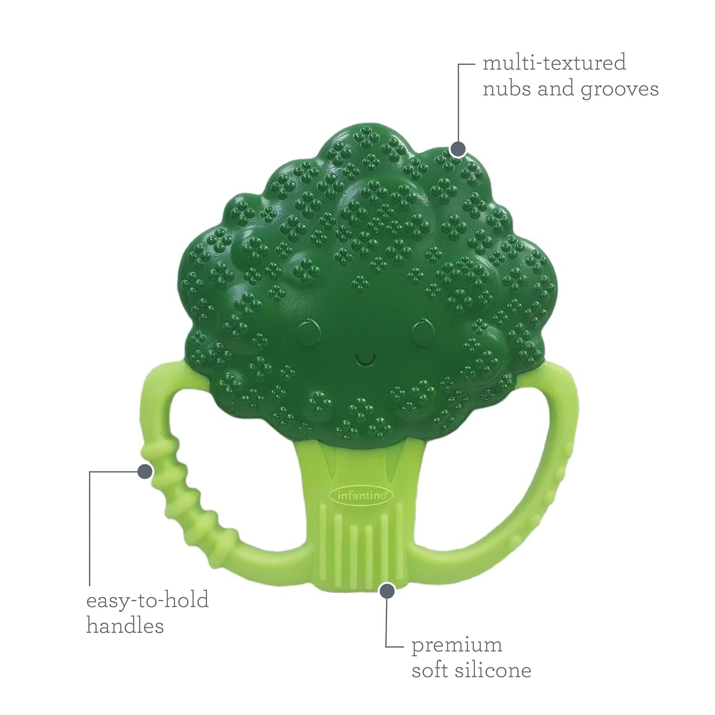 Infantino Lil' Nibbles, tekstureret silikonebider, BPA-fri babybitring, blødt, let at holde, sansestimulering til spædbørn, broccoli