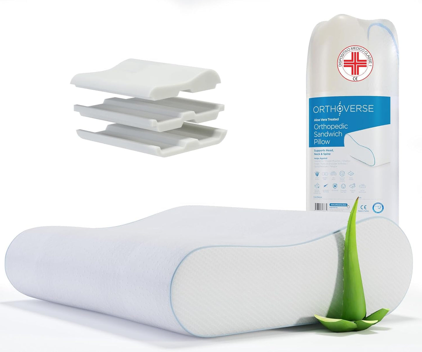 ORTHOVERSE ortopædisk pude - nakkestøttepude, sovepude, pude, memory foam pude, pude, nakkesmerter pude - højdejusterbar, aloe vera betræk, lægehjælp Cervikale ortopædiske puder Naty Shop 1