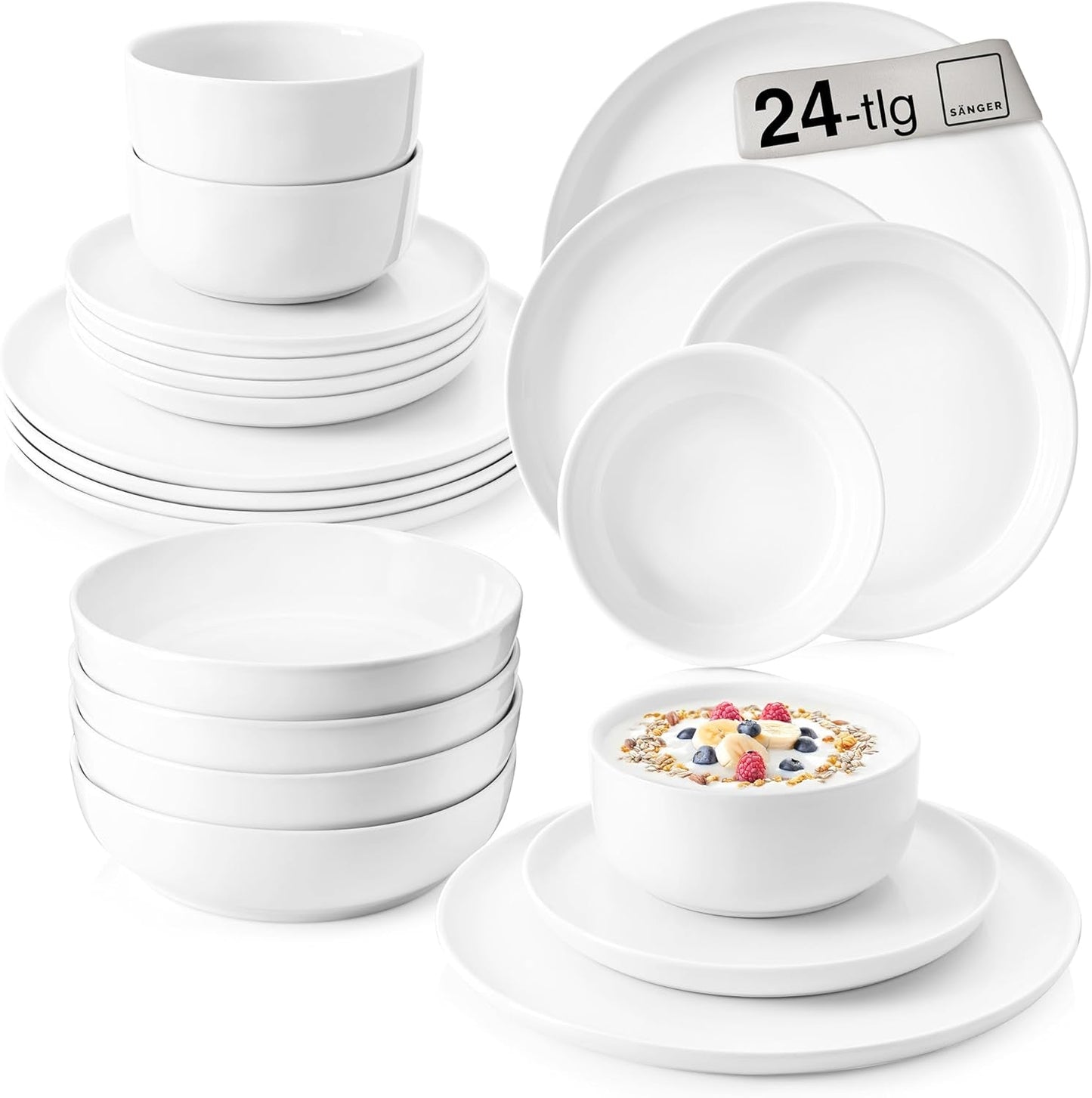 SANGER | Marlo Hvidt Spisestel Sæt 24 Deles Spisestel til 6 med desserttallerkener, middagstallerkener, skåle og kornskåle Porcelæns middagstallerkensæt Spisetøj Moderne Design PREMIUM KOLLEKTION