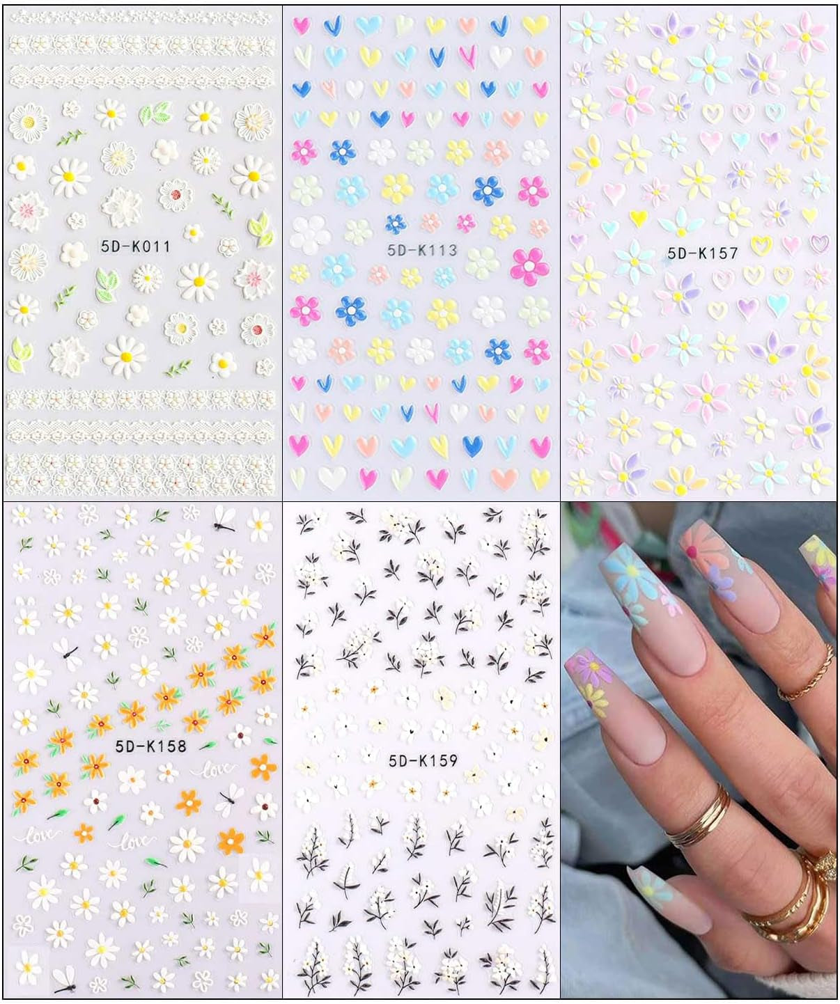 JMEOWIO 3D Nagelsticker Frühling Blumen 5 Blatt Nagelaufkleber 5D Stereoskopisk Selbstklebend Bunte Blüte Nail Art Sticker Dekoration Nageldesign Zubehör