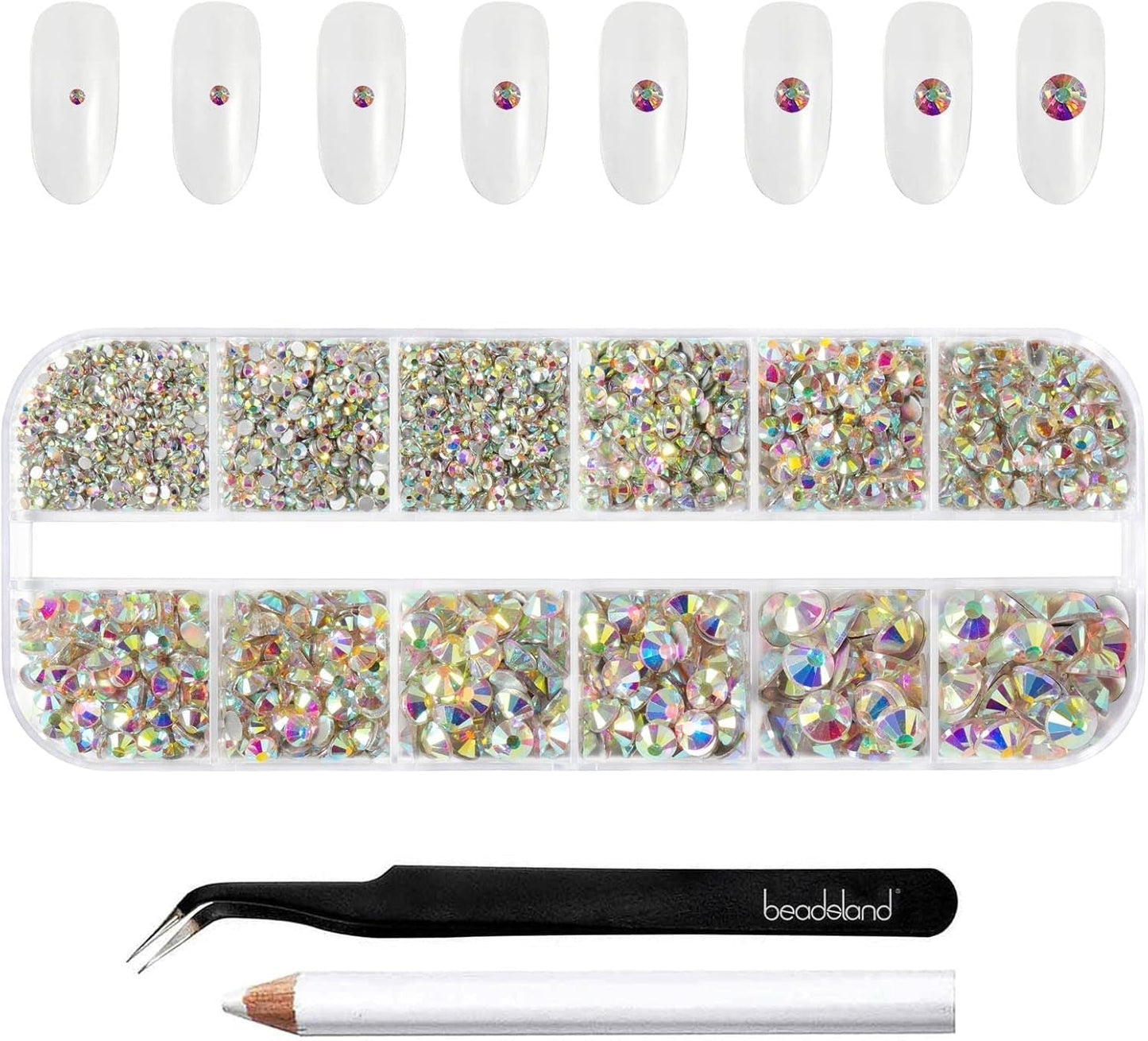 Beadsland 2500 stk Glas Nailart Strasssteine ​​​​Kristall Flatback Edelsteine ​​​​Runde, ​​Für Handwerk Gemischt 8 Größen SS4 ~ SS30 Mit Picking Pinzette Und Stift (Kristall Weiss)