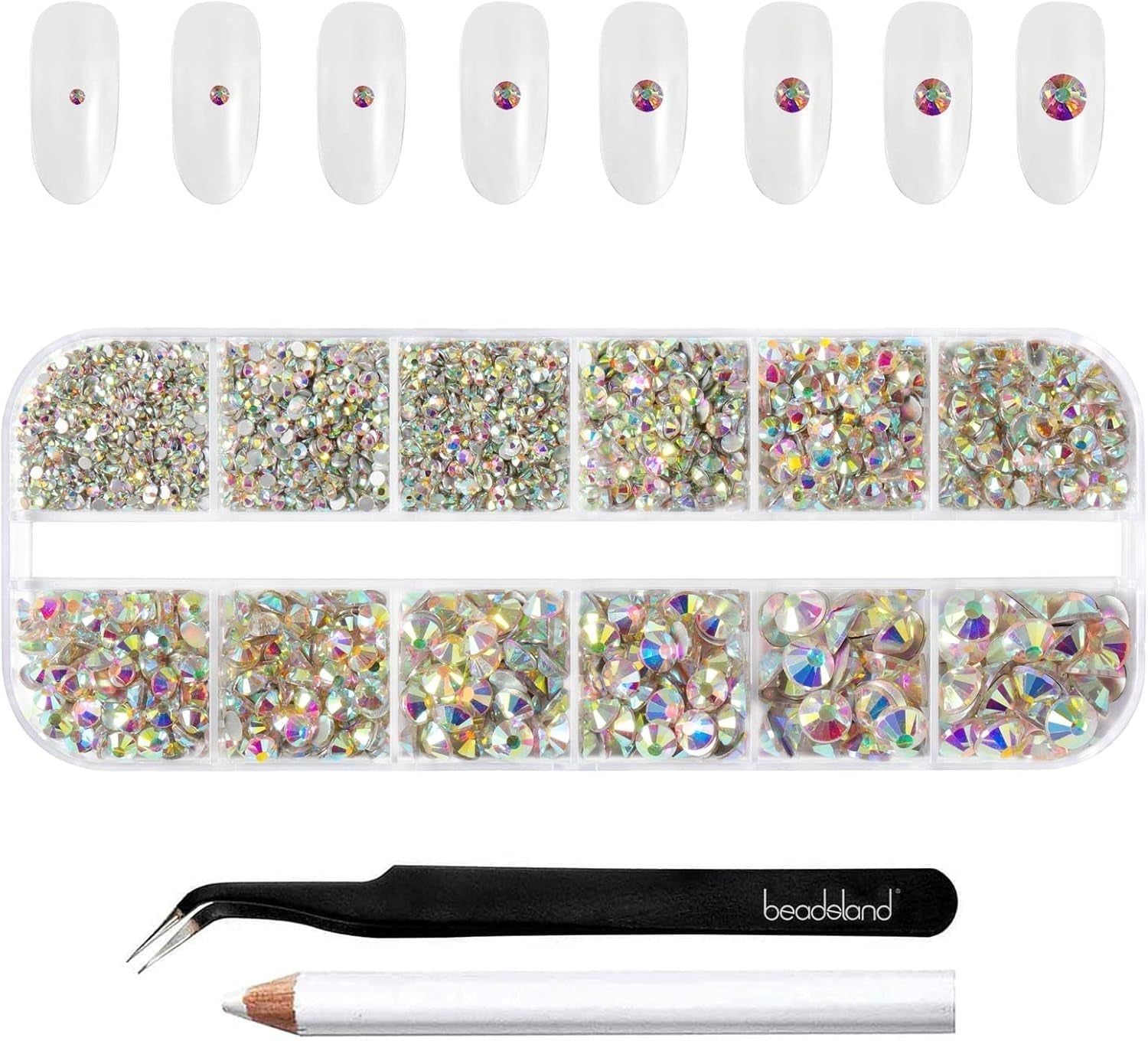 Beadsland 2500 stk Glas Nailart Strasssteine ​​​​Kristall Flatback Edelsteine ​​​​Runde, ​​Für Handwerk Gemischt 8 Größen SS4 ~ SS30 Mit Picking Pinzette Und Stift (Kristall Weiss)