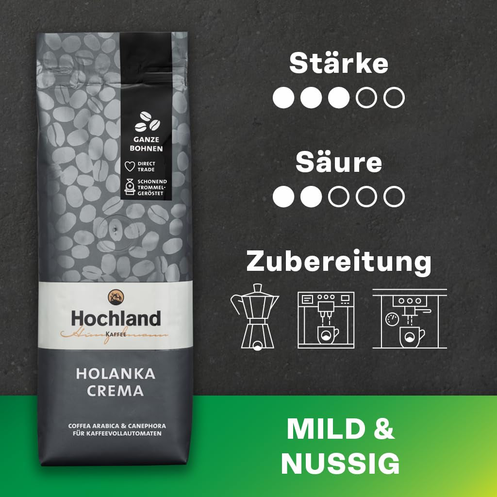 Hochland Kaffee - Holanka Crema - 250g Kaffeebohnen - Bæredygtigt direkte salg - Perfekt til fuldautomatiske maskiner og Siebträger - Mildere aromatisk smag - Bedste kvalitet fra Peru