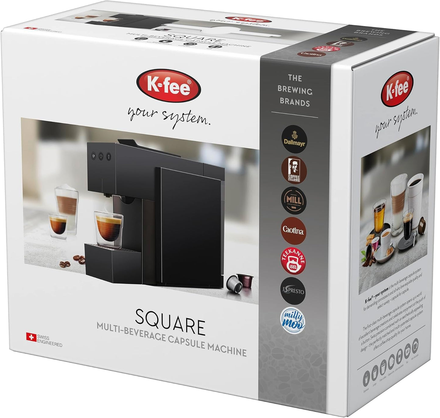 Espressomaskine med K-FEE SQUARE kapsler til kaffe, te og kakao | Kompakt espresso | Hurtig opvarmning | 0,8 l vandtank | 19 takter | Klaver sort